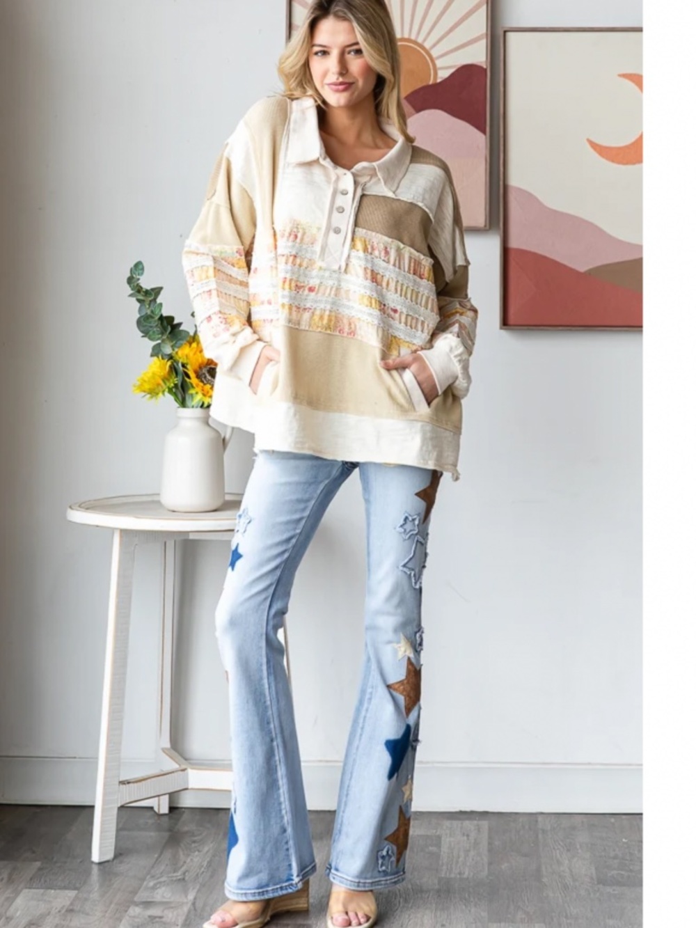 🎉Oli and Hali “ JOAN 2 “ Oli & Hali MIXED FABRIC BUTTON COLLAR TOP - Picture 5 of 6